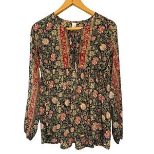 Raga XS Black Red Floral Boho Peasant Blouse Long Sleeve Tie Neck Top